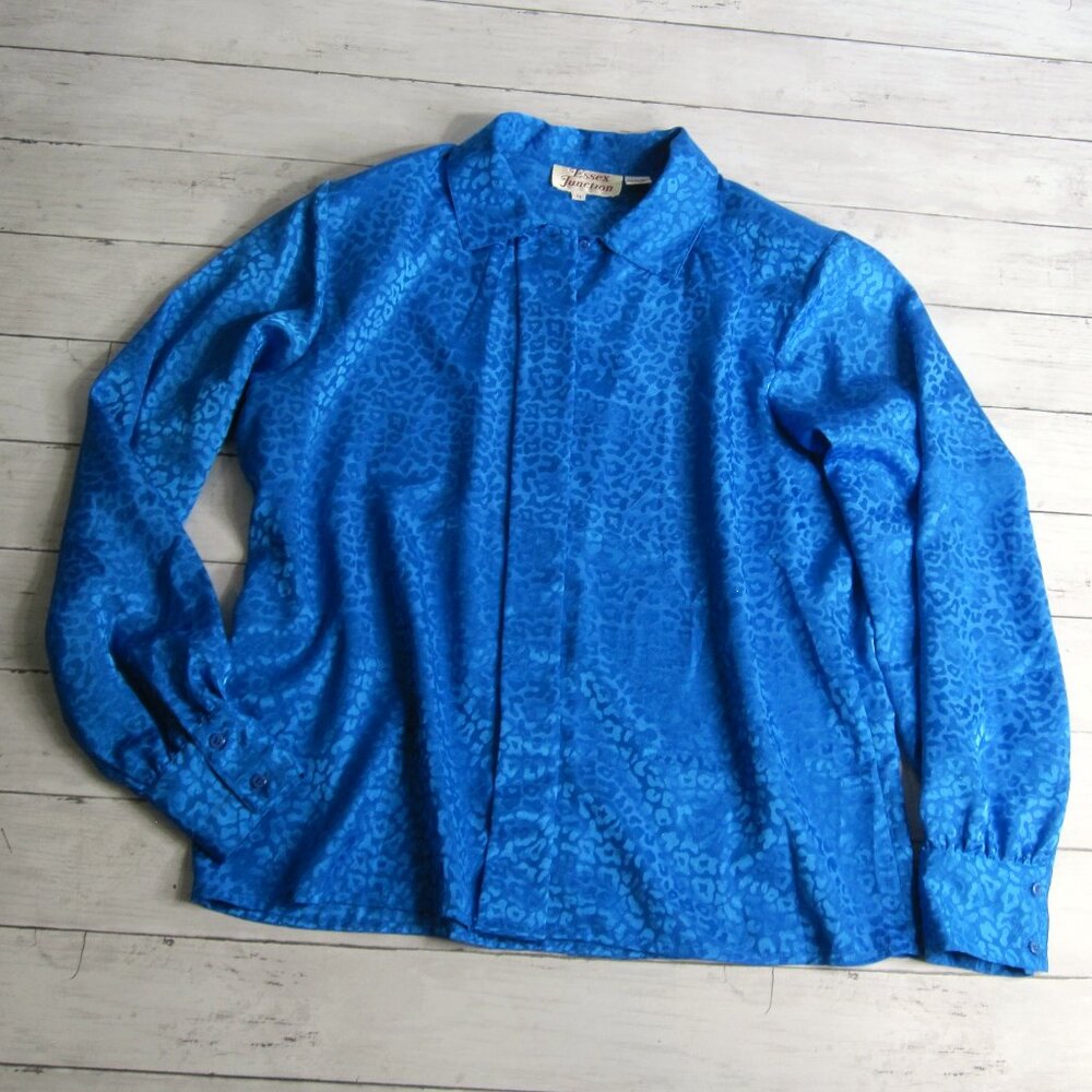 Essex Junction Vintage Women's Blue Top Size 14 L Long Sleeve Button Up Blouse